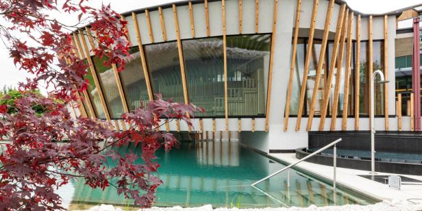 Sauna von außen, rundherum ein Pool