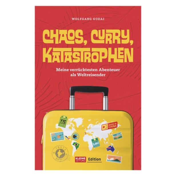 Buchcover Chaos, Curry, Katastrophen Godai, gelber Koffer vor rotem Hintergrund