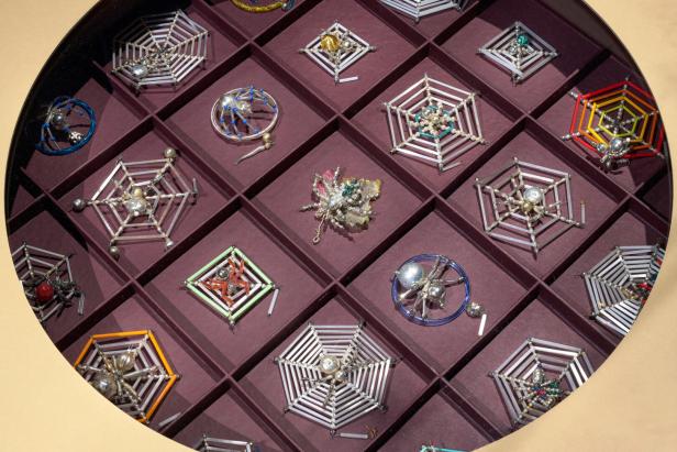 Eine Kassette zeigt diverse Schmuckstücke in Form von Spinnen und Spinnennetzen.