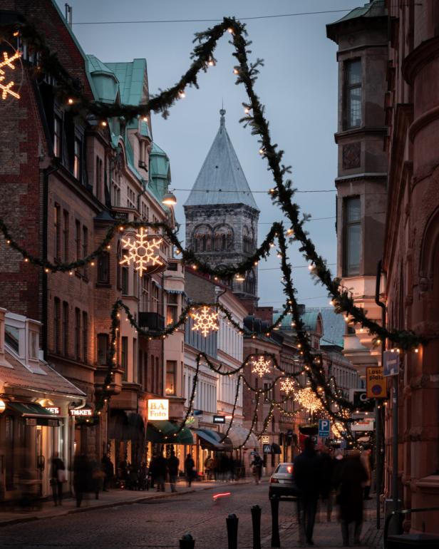 The street Klostergatan in Lund Sweden decorated for Christmas