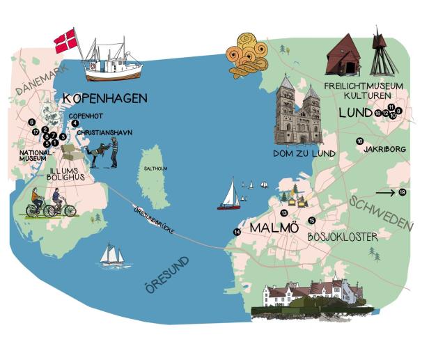 Eine Landkarte von Kopenhagen und Schweden mit eingezeichnet Hotspots