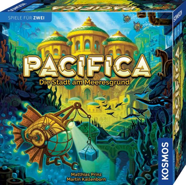 Das Spiel "Pacifica: Die Stadt am Meeresgrund" zeigt eine Unterwasserstadt und ein U-Boot.