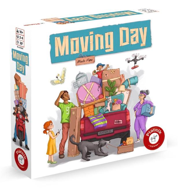 Das Spiel "Moving Day" von Mads Fløe zeigt eine Familie beim Umzug mit Tieren, Möbeln und Kisten.