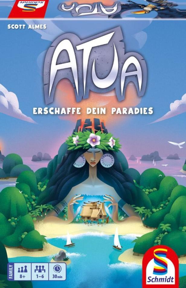Das Cover des Brettspiels Atua zeigt eine Frau mit Blumenkranz vor einer tropischen Insel.