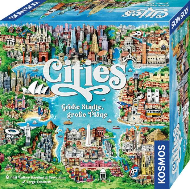 Die Spielschachtel von "Cities" zeigt eine Illustration verschiedener Städte und Sehenswürdigkeiten.