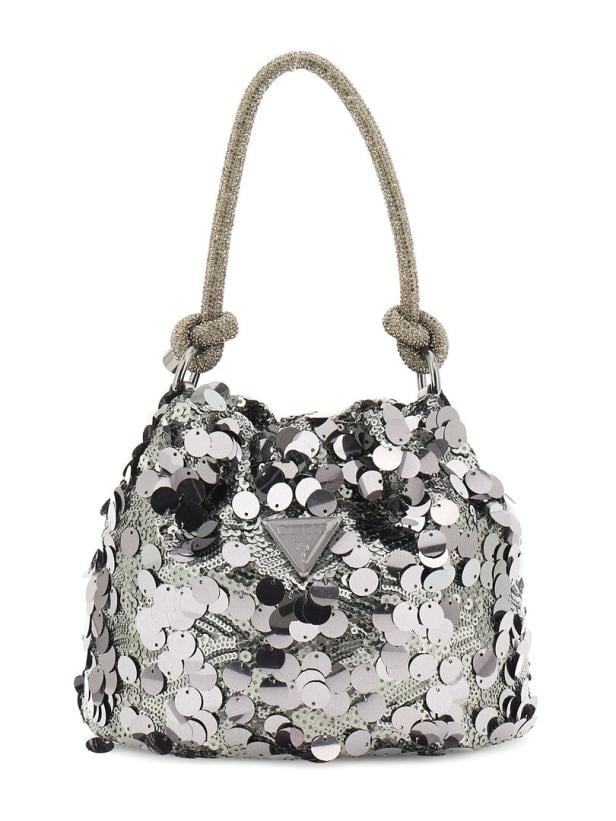Eine silberne Glitzertasche mit Pailletten 