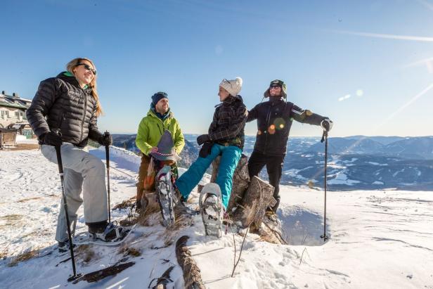 Vier Menschen in Winterkleidung genießen mit Schneeschuhen und Wanderstöcken eine Pause im verschneiten Gebirge bei Sonnenschein.