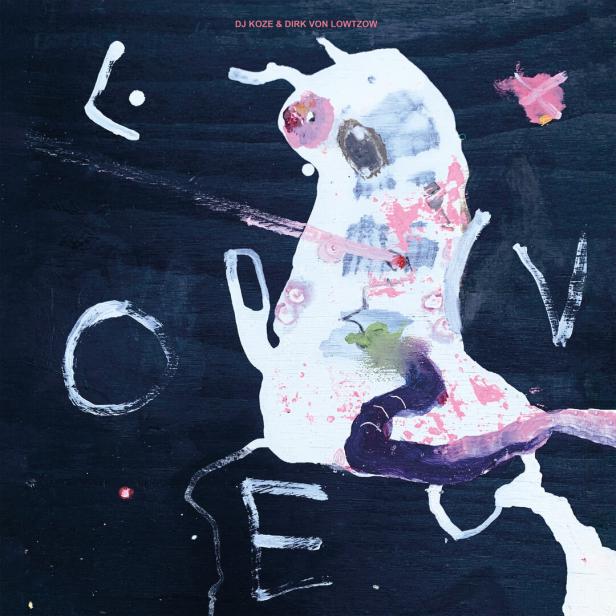 Abstrakte Malerei mit weißen und rosa Formen auf dunklem Hintergrund, Buchstaben L, O, V, E sind verteilt zu sehen.