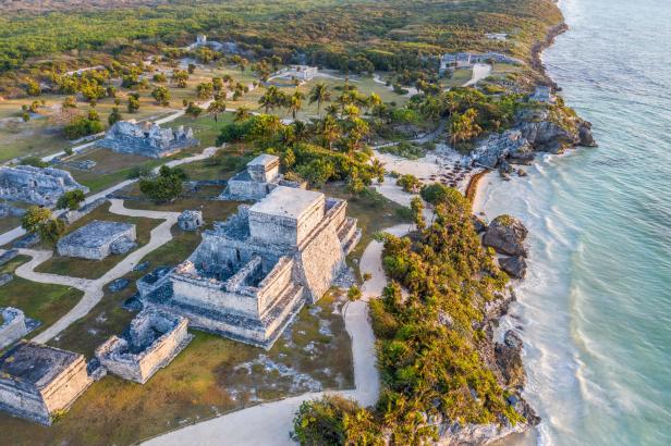 Drone view of El Castillo, Tulum ruins archeological zone, Mexico
