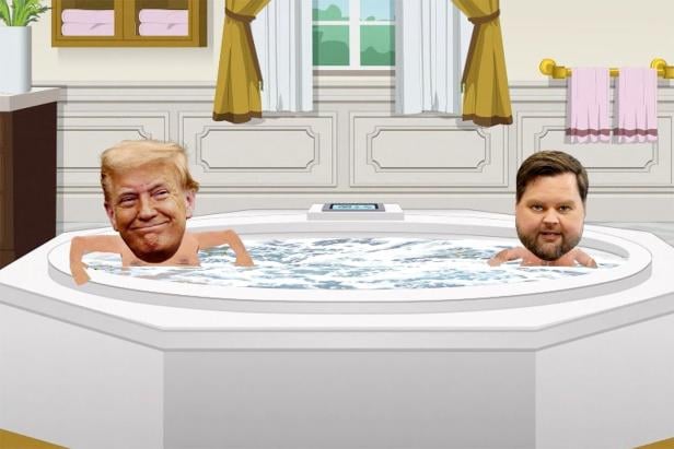 Zwei Männer, Trump und Vance, mit übergroßen Köpfen sitzen in einem Whirlpool in einem elegant eingerichteten Badezimmer.