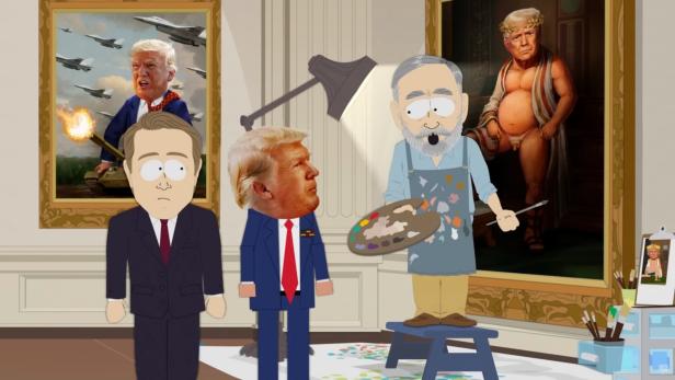 In einem Raum stehen zwei Männer vor einem Maler, der Trump-Porträts malt. Sein Penis ist auf einem sehr klein, bei einem anderen sitzt er auf einem feuernden Panzer.