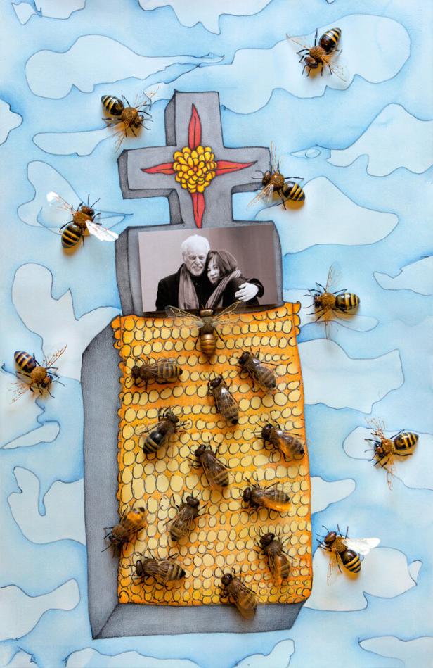 Gezeichnetes Grab mit Honigwabe, vielen Bienen und einem Paar auf einem Foto, umgeben von blauen Wolken.
