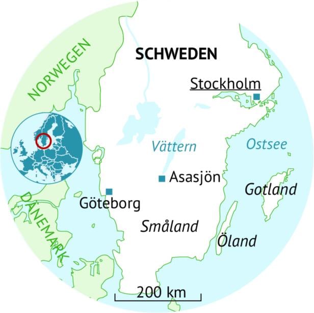 Karte von Südschweden mit Städten, Seen, Inseln und Nachbarländern sowie einem Europa-Ausschnitt zur Lageeinordnung.