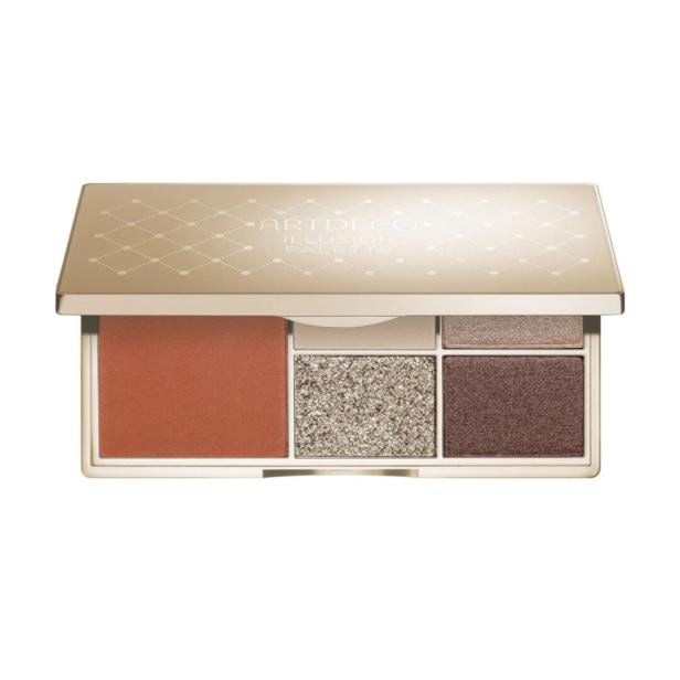 Make-up-Palette mit fünf verschiedenen Pudertönen in Braun-, Beige- und Glitzernuancen in rechteckiger Dose.