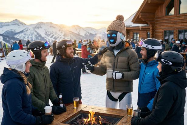 Eine Gruppe Skifahrer und ein Roboter mit Mütze stehen an einem Feuerkorb vor einer Hütte in den Bergen.
