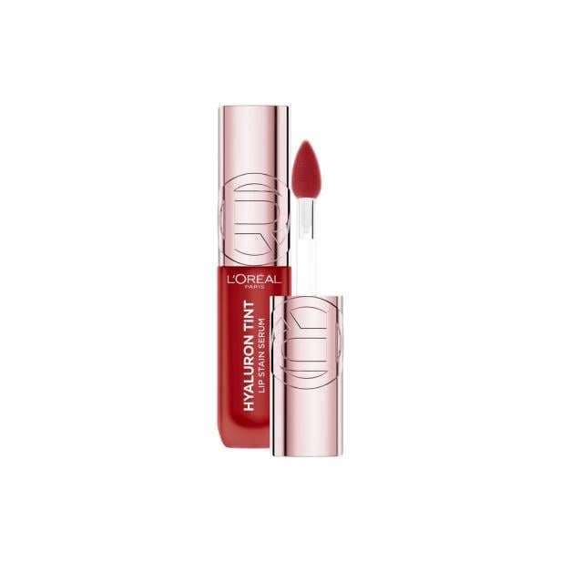 Ein roter Lippenstift mit silberner Kappe und Applikator, darauf steht „Hyaluron Tint Lip Stain Serum“.