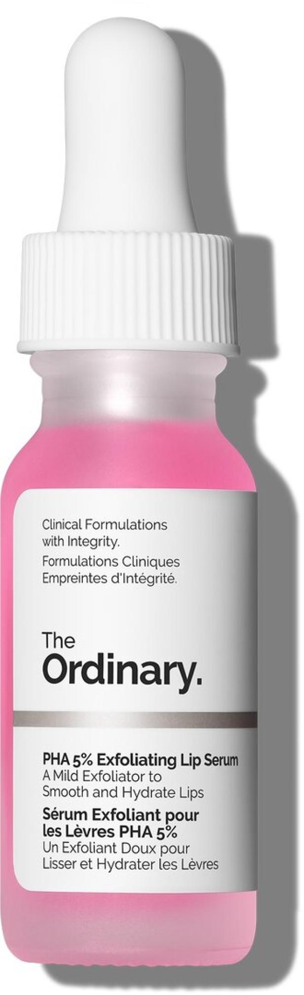 Ein rosafarbenes Serum mit weißer Pipette von The Ordinary zur sanften Lippenpflege und -exfoliation.