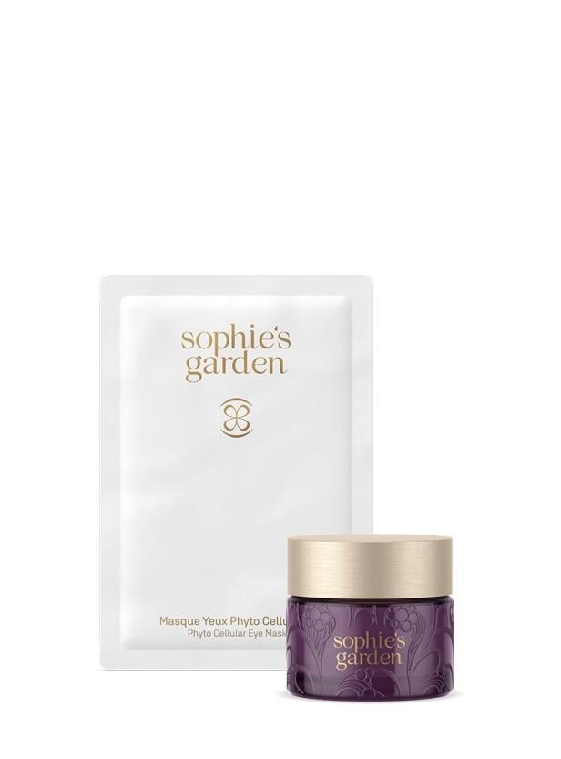 Weiße Sachetverpackung und violette Cremedose mit goldener Aufschrift „sophie’s garden“ nebeneinander.