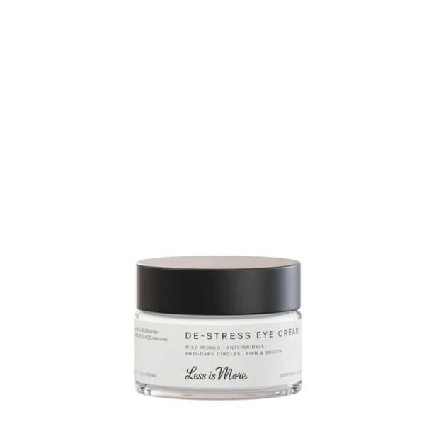 Runder Tiegel mit schwarzem Deckel und der Aufschrift „De-Stress Eye Cream“ von Less is More.