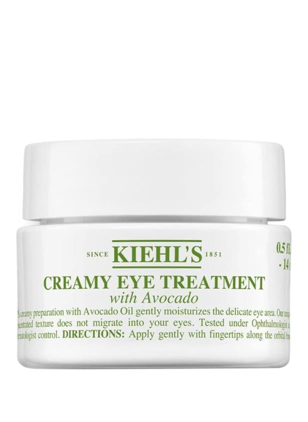 Ein weißer Tiegel "Kiehl's Creamy Eye Treatment with Avocado" steht im Fokus.