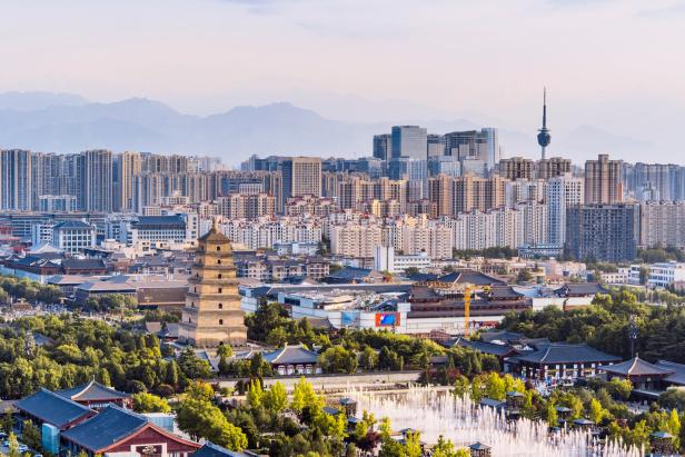 High Angle View of urban skyline scenery of the Big Wild Goose Pagoda in Xi'an, Shaanxi Province, China