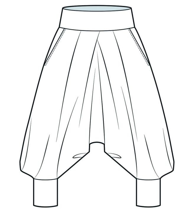 Harem Pants with floral print fashion flat sketch. Boho Pants fashion flat technical drawing template, loose fit, pockets, front view, white, green, women, men, unisex CAD mockup.