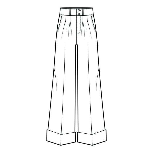 Pants oxford tailored technical fashion illustration with low waist, full length, double pleat, slant jetted pockets