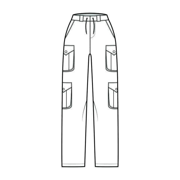 Set of cargo pants technical fashion illustration with normal waist, high rise, pockets, belt loops, full lengths. Flat