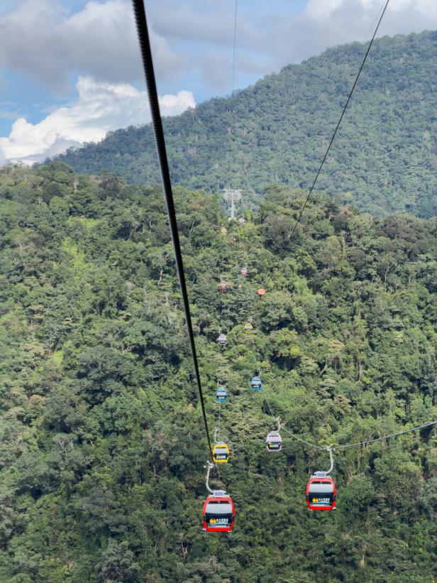 Eine Seilbahn mit bunten Gondeln schwebt über einen grünen, bewaldeten Berghang.