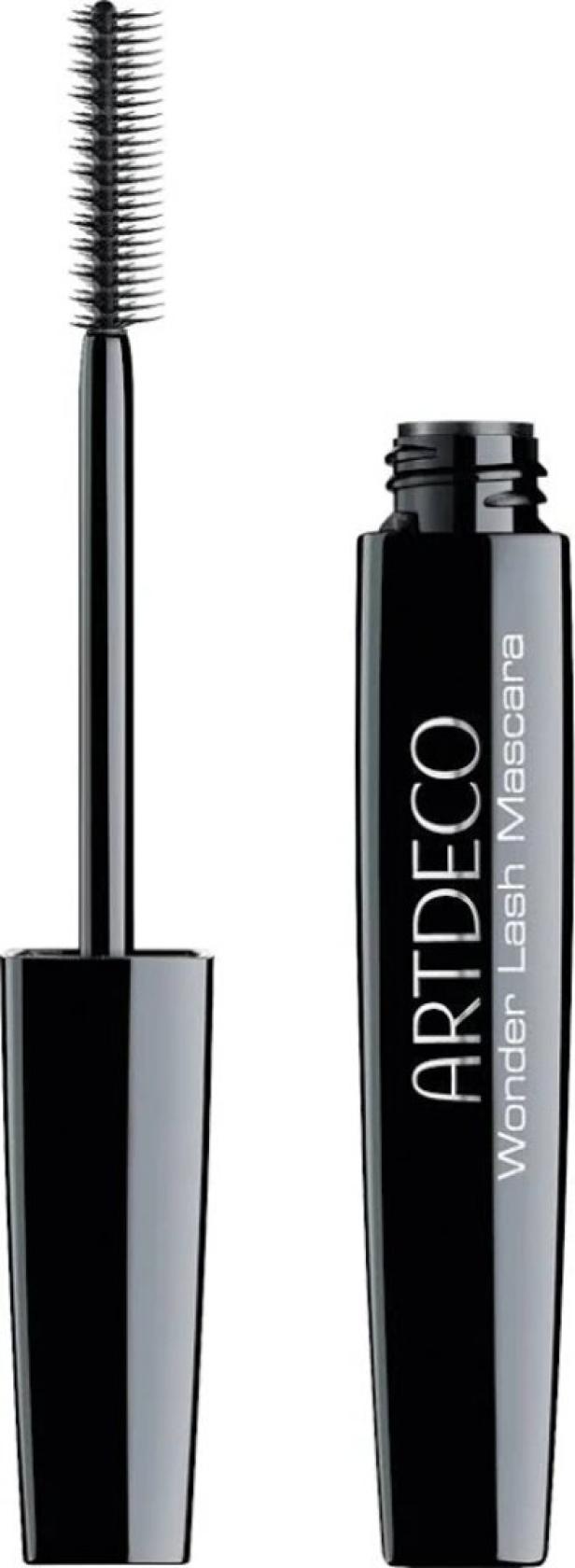 Schwarze Mascara mit Bürste und glänzender Hülse, darauf steht „ARTDECO Wonder Lash Mascara“.