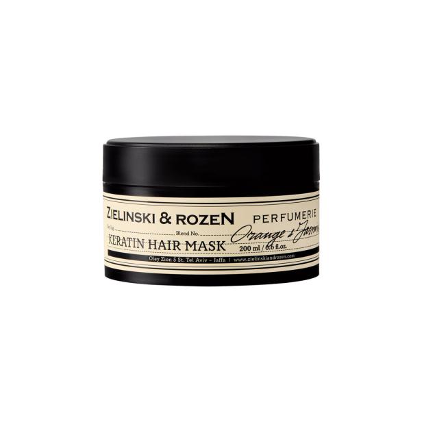 Ein Tiegel der Marke Zielinski & Rozen mit Keratin-Haarmaske "Orange & Jasmin" steht vor hellem Hintergrund.