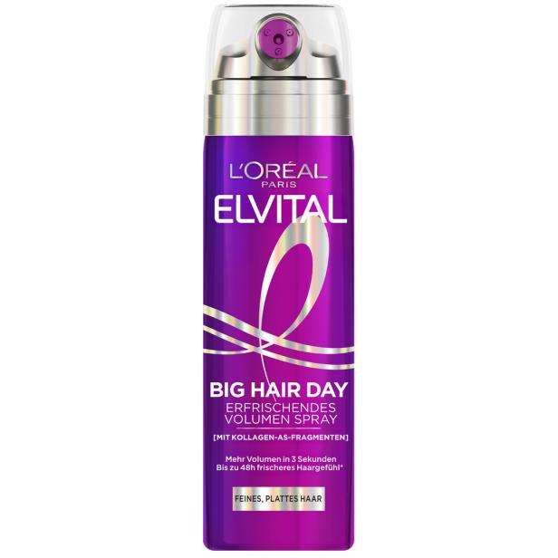 Lila Spraydose von L'Oréal Elvital mit der Aufschrift „Big Hair Day Erfrischendes Volumen Spray“ für feines, plattes Haar.