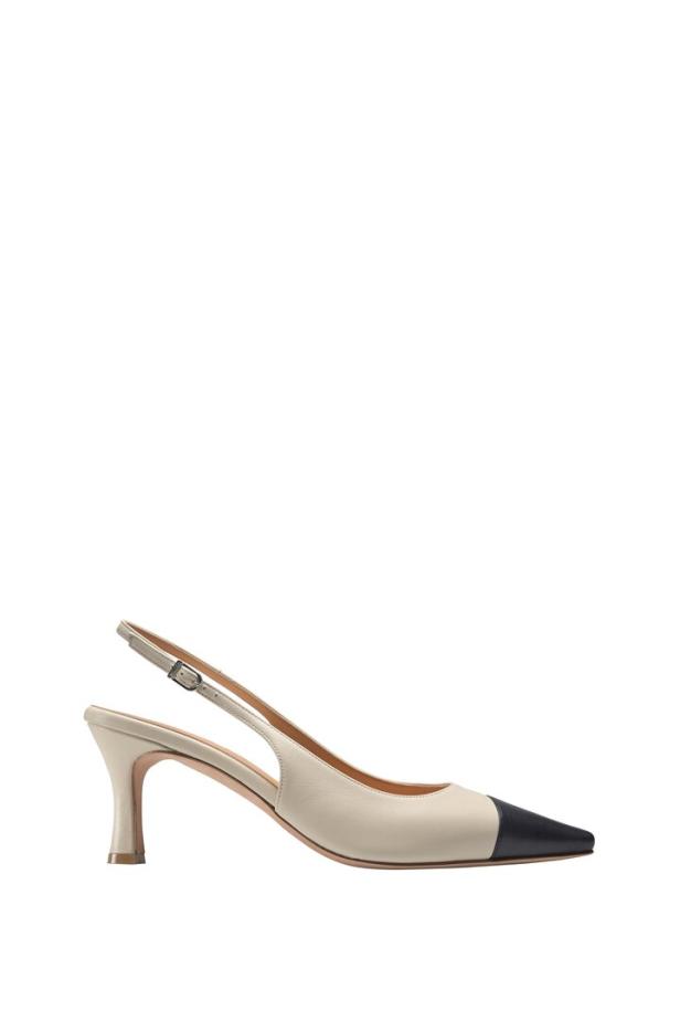 Beige Schuhe mit Schwarzer Spitze vorne