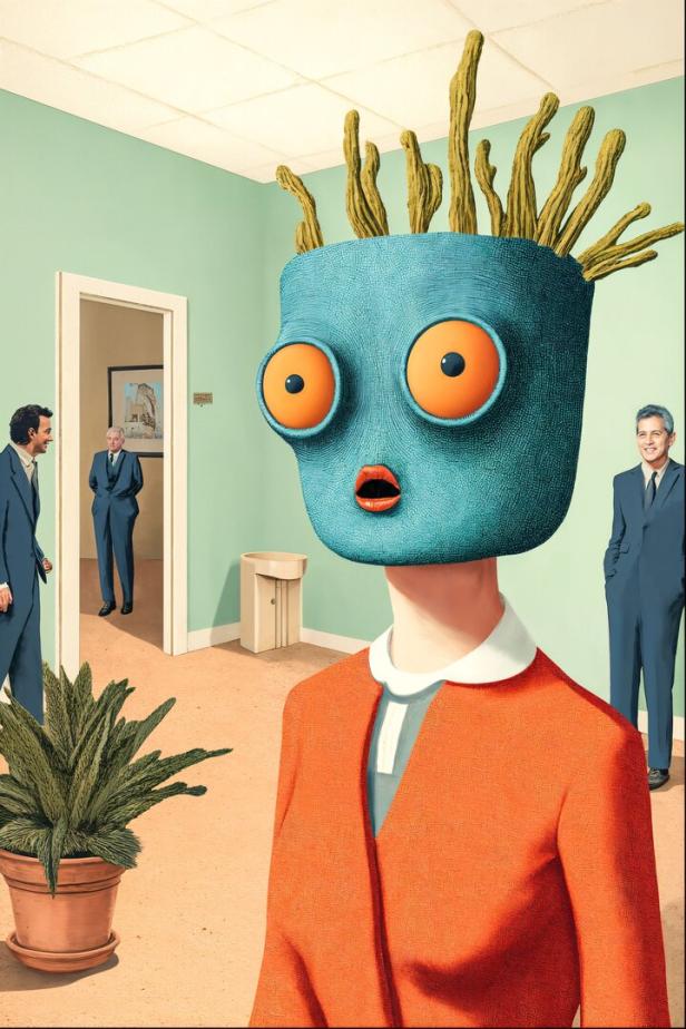 Eine Person mit einem blauen Blumentopf-Kopf und großen Augen steht in einem Büro, umgeben von Männern in Anzügen.