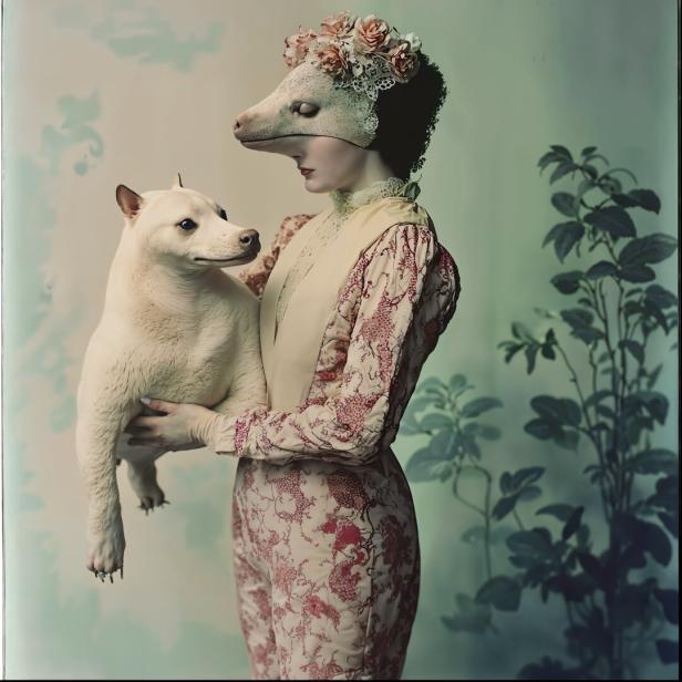 Eine Person mit Tiermaske und Blumenkranz hält einen weißen Hund in den Armen, im Hintergrund sind Pflanzen zu sehen.