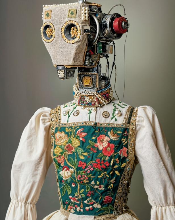 Ein Roboter mit elektronischem Kopf trägt eine reich verzierte ungarische Tracht mit Stickereien und Perlen, inspiriert von David Szauders Serie „Folkloric Robos“.