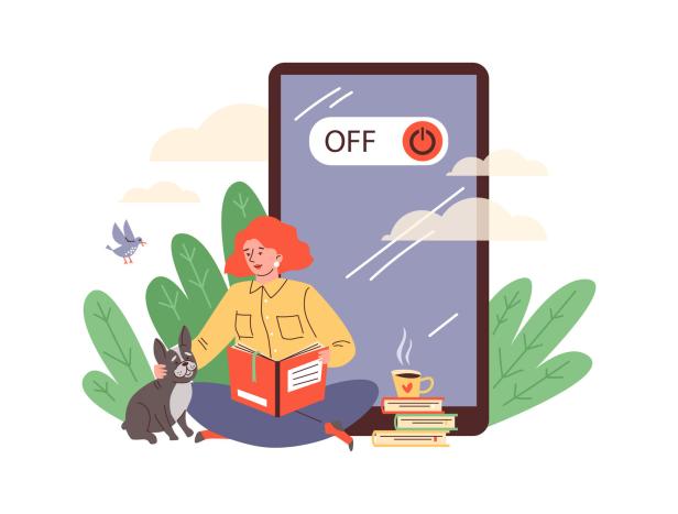 Grafik die eine Frau mit Buch und Hund und Kaffee zeigt, dahinter ein riesiges Handy, auf dem Off steht