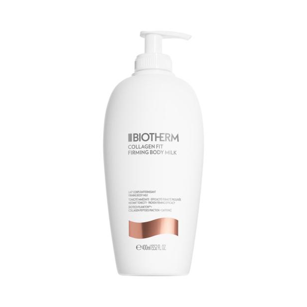 Eine Flasche Biotherm Collagen Fit Straffende Körpermilch mit Pumpspender steht vor einem weißen Hintergrund.