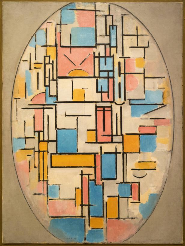 Abstrakte Komposition aus schwarzen Linien und farbigen Rechtecken in Blau, Gelb und Rosa innerhalb einer ovalen Form.