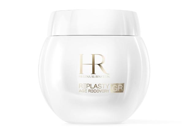 Weiße Creme-Dose mit goldener Aufschrift „Helena Rubinstein Replasty Age Recovery GR“.