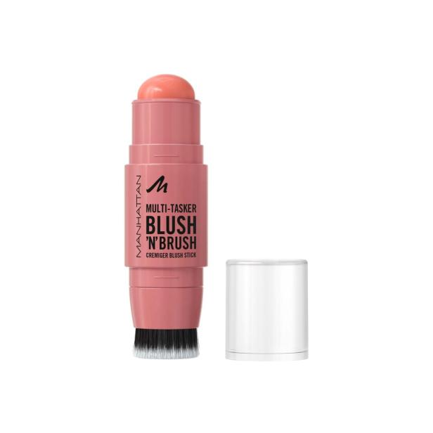 Rosa Blush-Stick mit integriertem Pinsel und abgenommenem transparentem Deckel auf weißem Hintergrund.