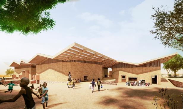 Kinder spielen und laufen vor einem modernen, aus Ziegeln gebauten Schulgebäude mit markantem Satteldach im Freien.