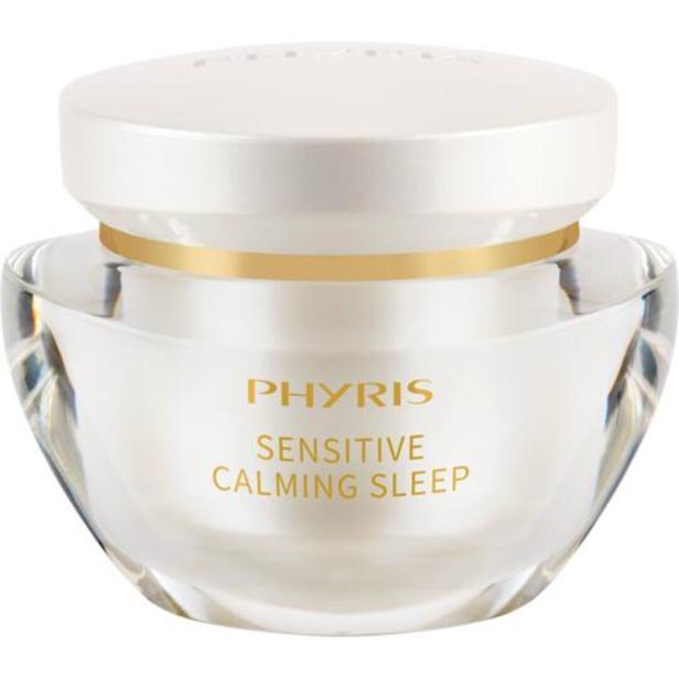 Runder, transparenter Cremetiegel mit weißem Deckel und goldener Aufschrift „PHYRIS Sensitive Calming Sleep“.