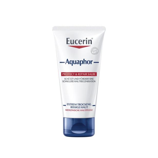 Tube mit Eucerin Aquaphor Protect & Repair Salbe für extrem trockene, rissige Haut, medizinische Hautpflege.