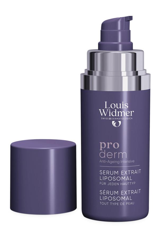 Lila Pumpspender mit silbernem Rand und abgenommener Kappe, beschriftet mit „Louis Widmer proderm Anti-Ageing Intensive“.