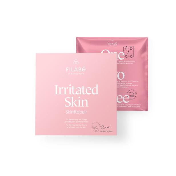 Zwei Filabé-Produkte für gereizte Haut, eine Packung mit der Aufschrift "Irritated Skin".