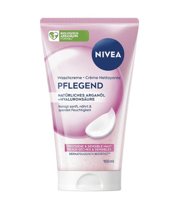 Tube mit NIVEA Waschcreme für trockene und sensible Haut, enthält Arganöl und Hyaluronsäure, 150 ml.