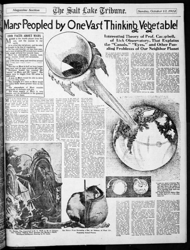 Zeitungsseite mit großer Überschrift über Mars, mehreren Illustrationen von Pflanzen und Marsdarstellungen sowie erklärendem Text.