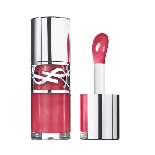 Ein glänzender silberner Lippenstiftbehälter mit rosafarbenem Lipgloss und passendem Applikator.