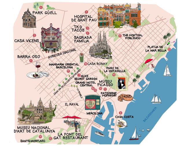 Eine Landkarte von Barcelona mit vielen Sehenswürdigkeiten